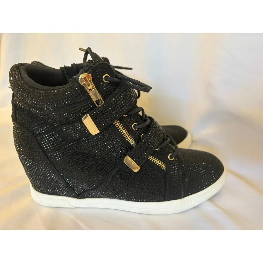 INC International Concepts Debby Rhinestone Wedge Sneakers Black Gold Sz 10